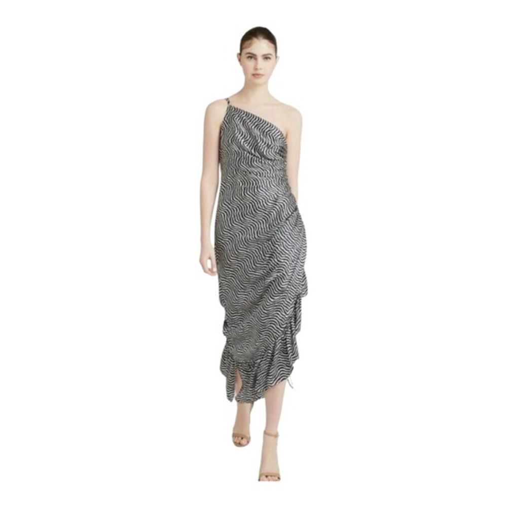 Cinq à Sept Christel 100% Silk Zebra Ruched One Shoulder Midi Dress